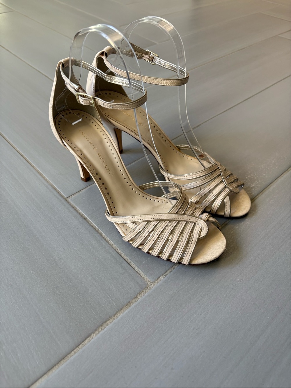 ANTONIO MELANI Blair Sandals | Bone & Silver Strappy Open-Toe Heels